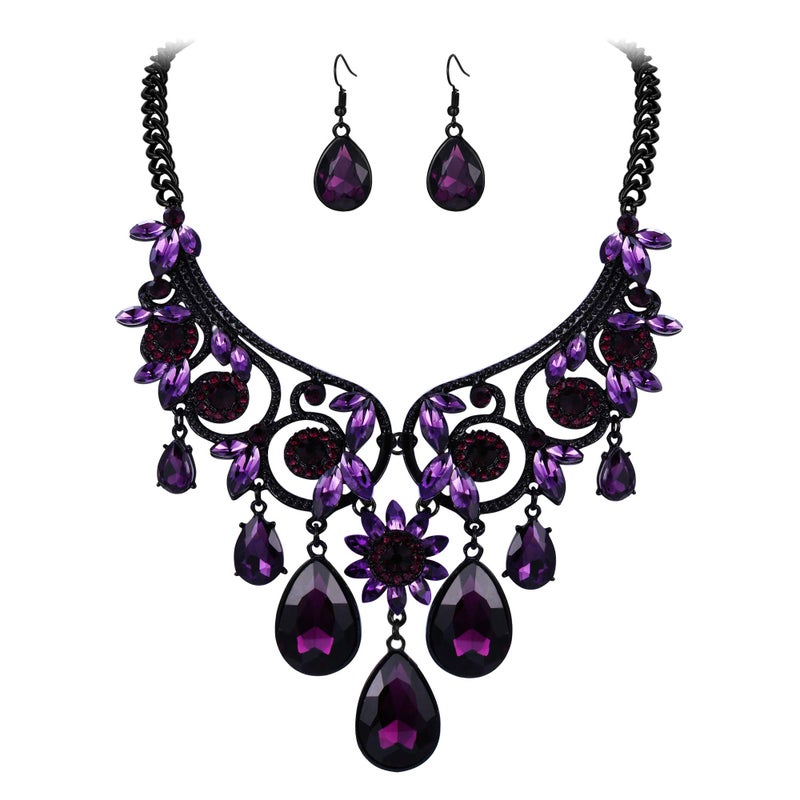 BriLove Women's Tribal Ethnic Crystal Chunky Statement Necklace Dangle Earrings Set Purple Black-Tone - Image 1
